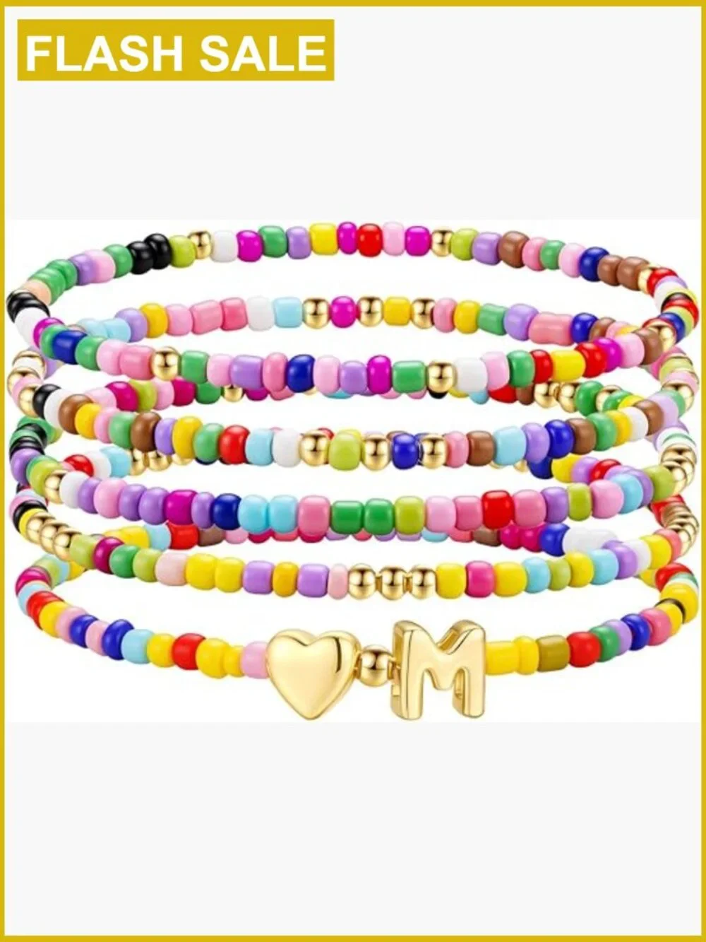 Colorful Beaded Initial Bracelets for Girls, Stretch Heart Letter Bracelet Set,